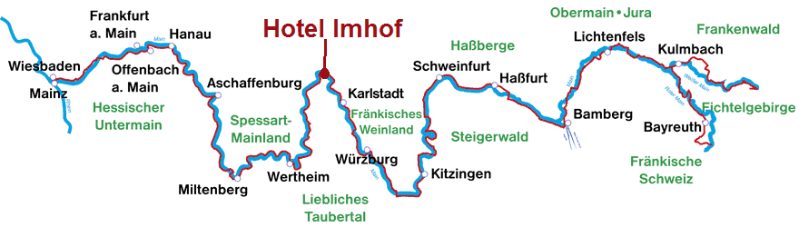 Landkarte des Standortes des Hotel Imhof am Mainradweg mit verschiedenen Etappen